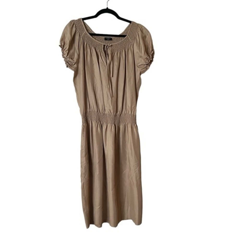 TALBOTS Smocked Round Neck Drop Waist 100% Silk Neutral Tan Short Sleeve Dress